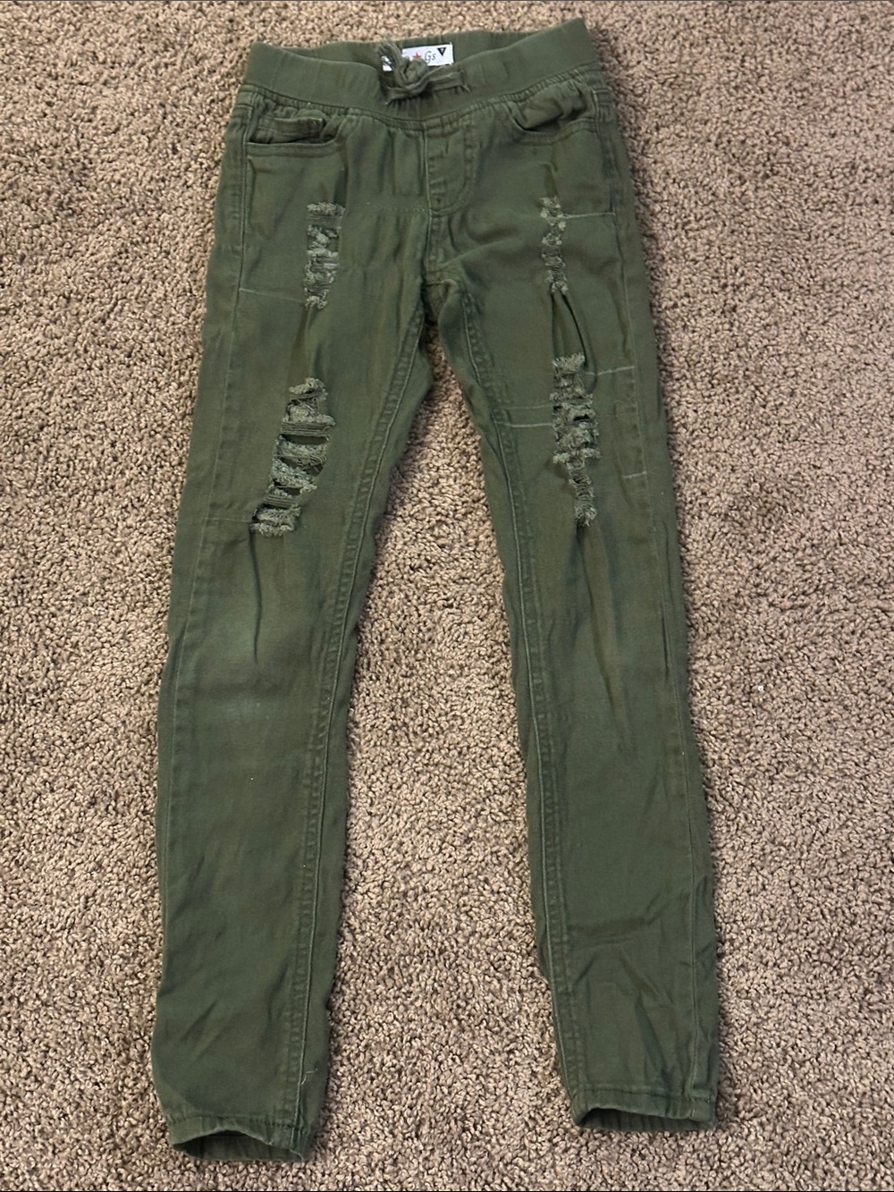 Kids Olive Green Distressed Stretch Jeans